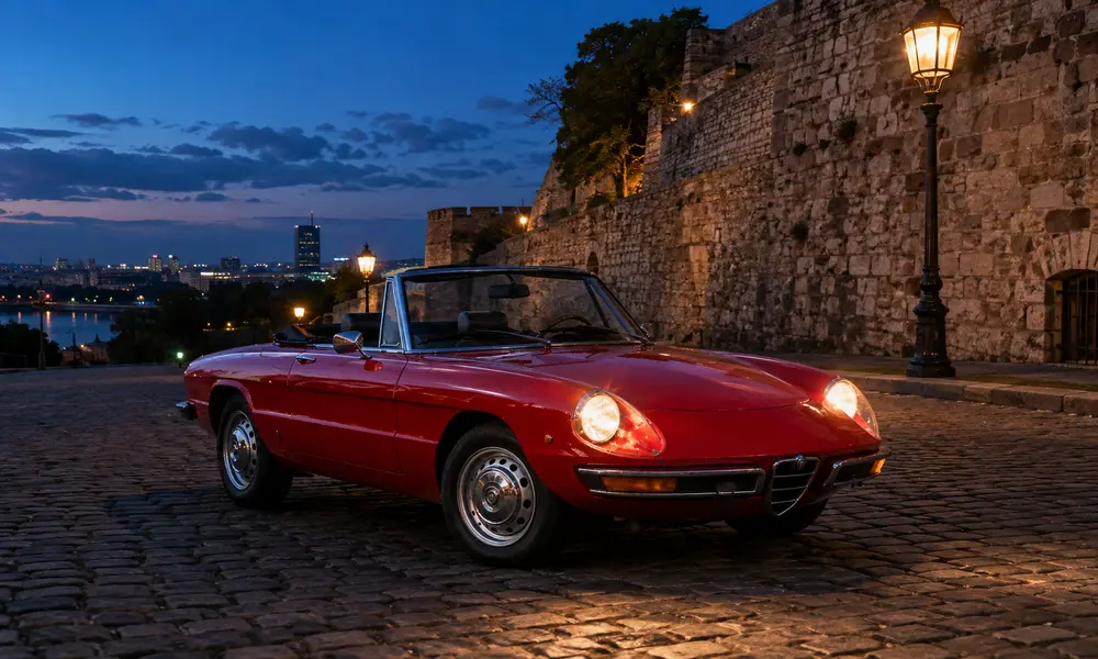 Crvena Alfa Spider na Kalemegdanu uveče